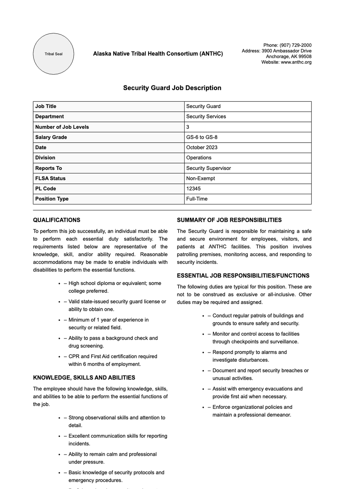Alaska Native Tribal Health Consortium Security Guard II job description with qualifications and_variant_3